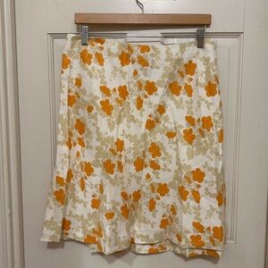 ANN TAYLOR 100% Linen A-Line Skirt with Orange and Cream Floral Design